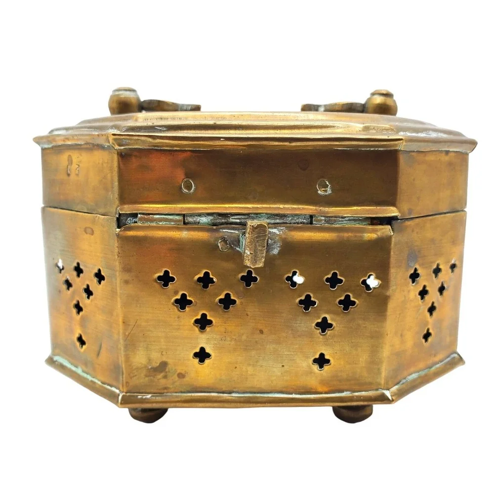 Brass Box Pierced Metal Cricket Cage Hexagon Trinket India Ethnic Boho‎ Storage